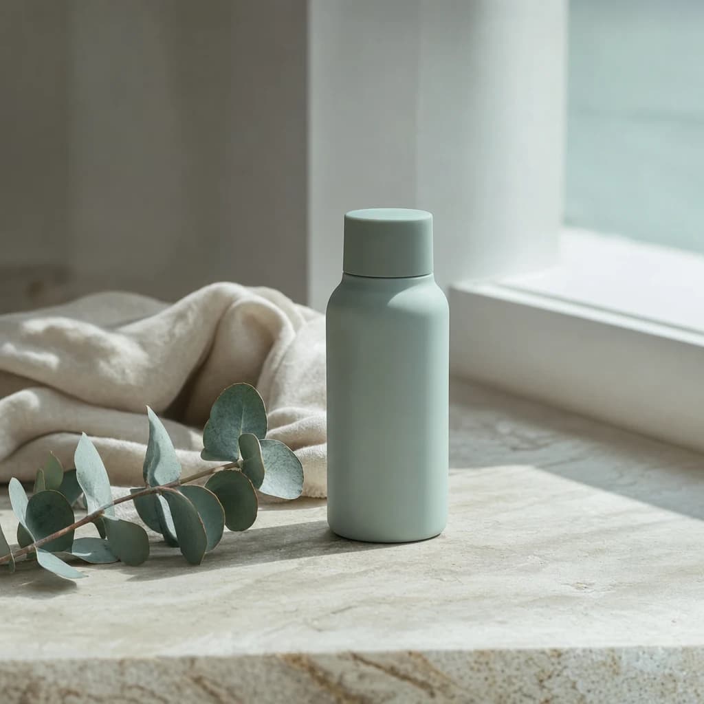 A sage green water bottle styled on marble beside eucalyptus and a folded throw.
