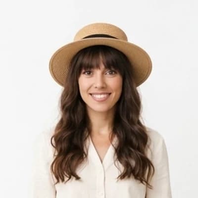 A smiling woman in a straw hat, photographed against a plain white backdrop.