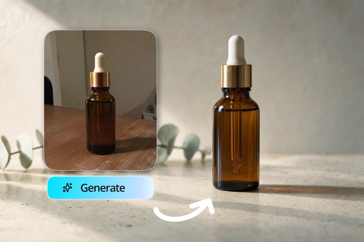 A photograph of an amber serum bottle beside the product photo made from it.