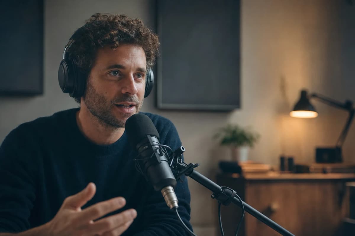 A man in headphones speaking into a studio microphone at a desk.