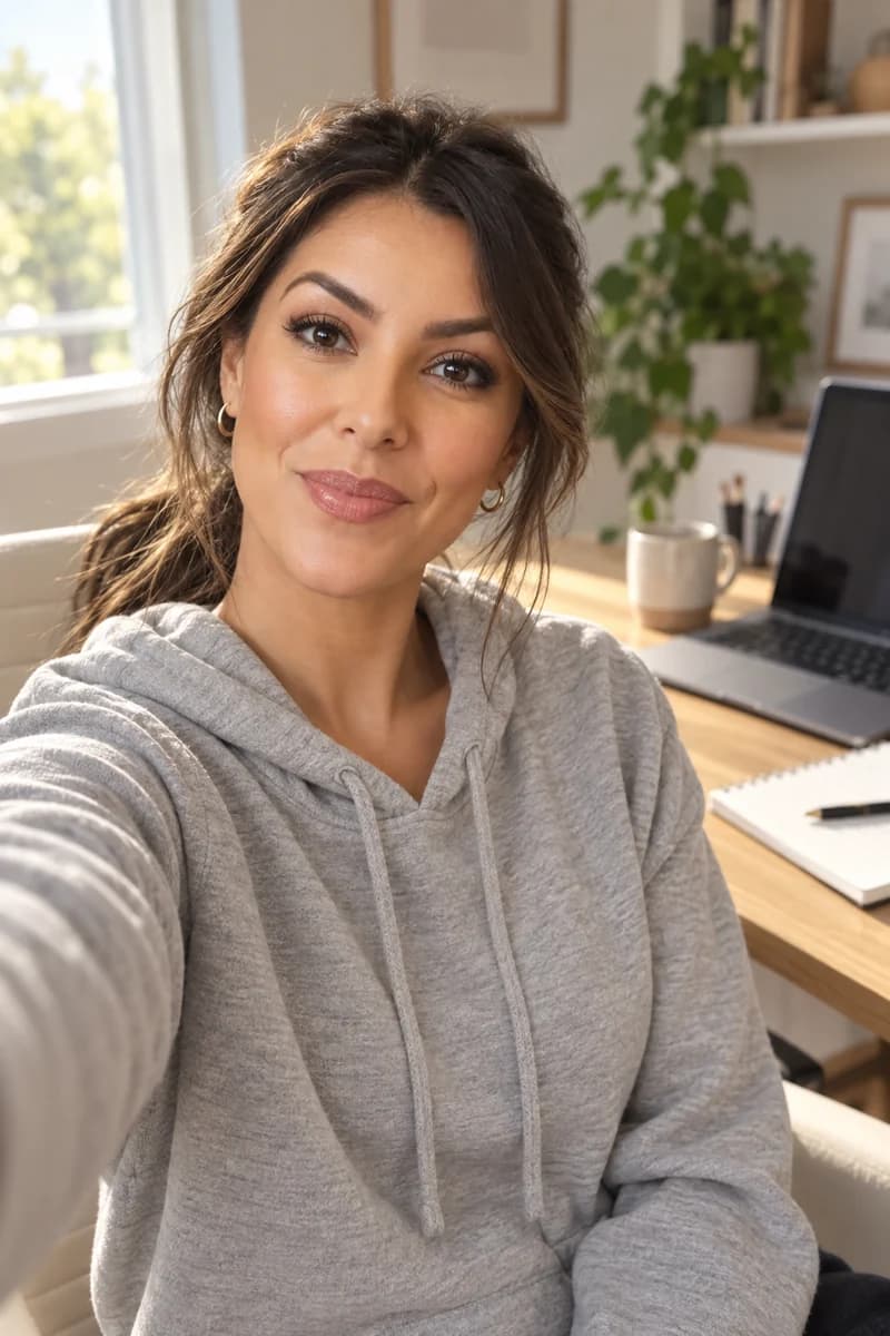 The same character at a home desk in a grey hoodie, filming herself beside a laptop.