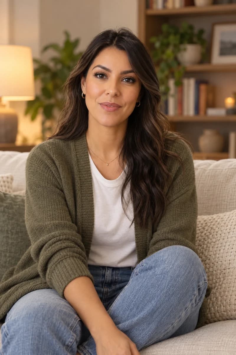 The same character on a sofa in a lamp-lit room, wearing an olive cardigan and jeans.