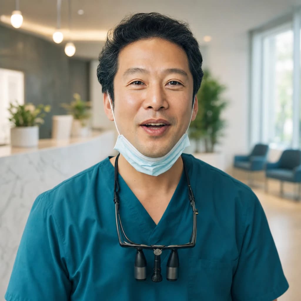 A dentist in teal scrubs speaks to camera at the front of his bright clinic, by the reception counter.