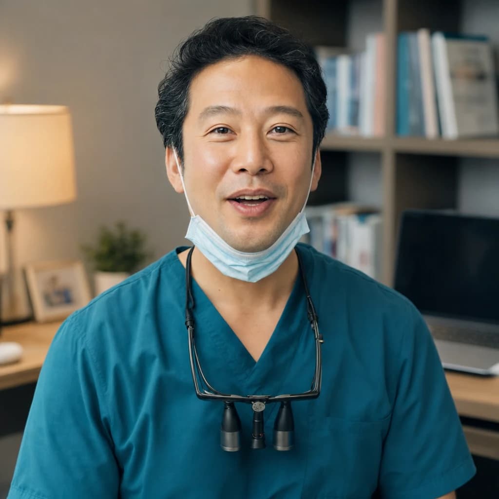 A dentist in teal scrubs speaks to camera in his own office, with shelves and a desk lamp behind him.