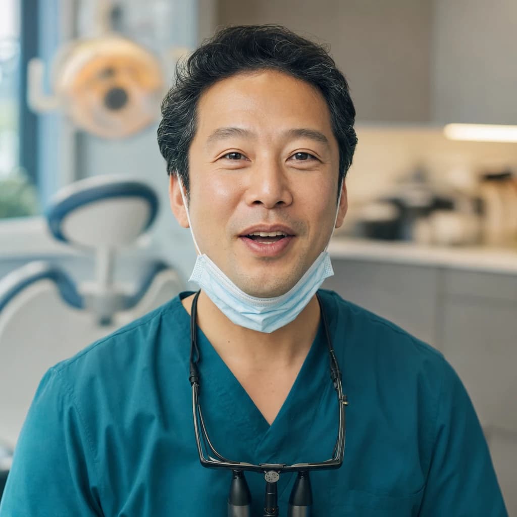 A dentist in teal scrubs speaks to camera in his treatment room beside the chair and overhead light.