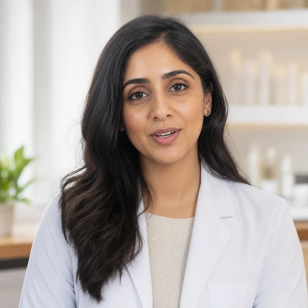 A dermatologist in a white coat speaks to camera in her treatment room with product shelves behind her.
