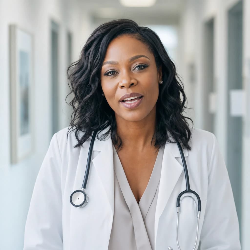 A doctor in a white coat with a stethoscope speaks to camera in the clinic corridor between rooms.