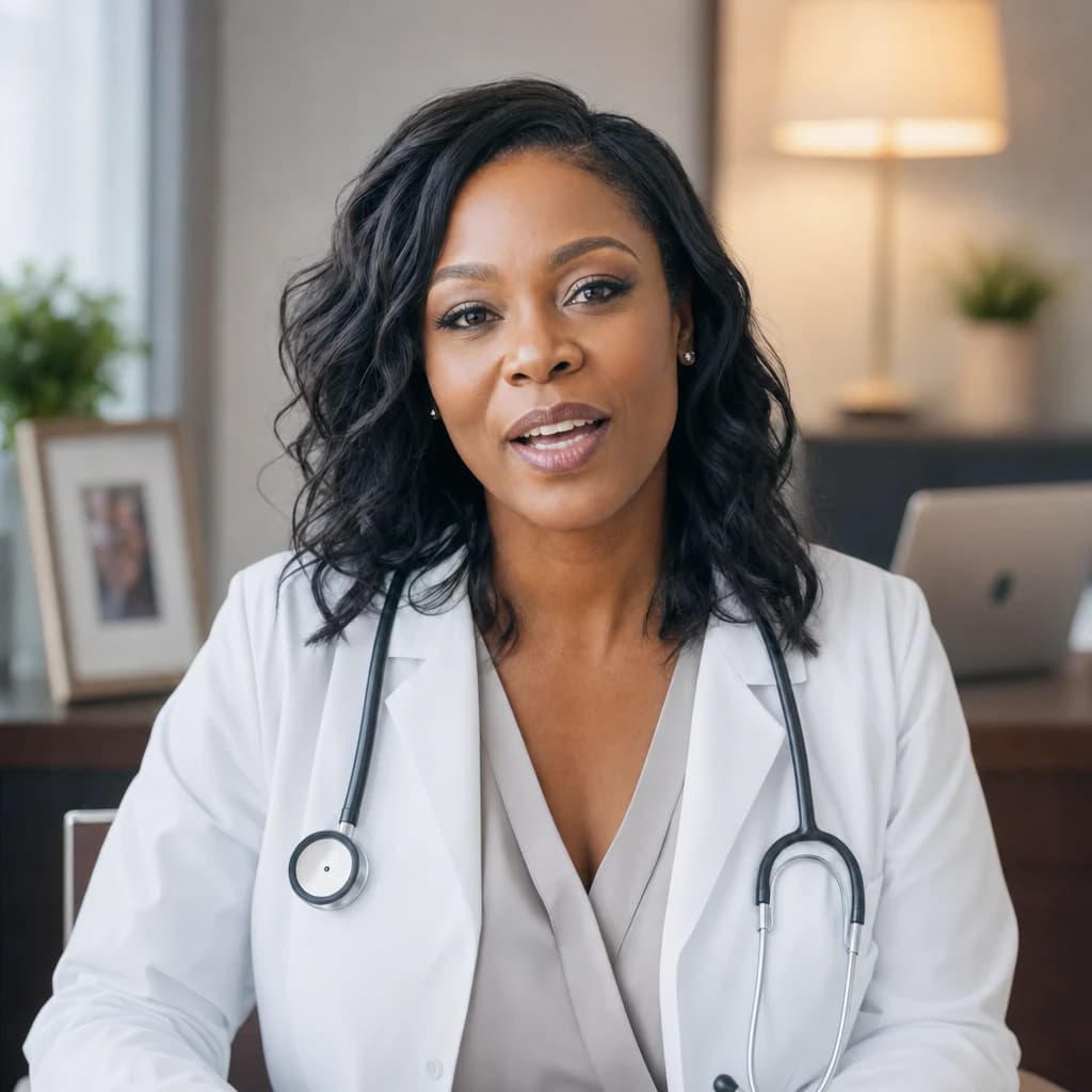 A doctor in a white coat with a stethoscope speaks to camera at her desk, with a laptop and a framed photograph.