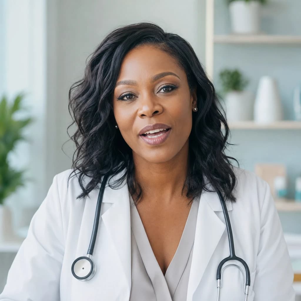 A doctor in a white coat with a stethoscope speaks to camera in a bright consulting room with plants behind her.