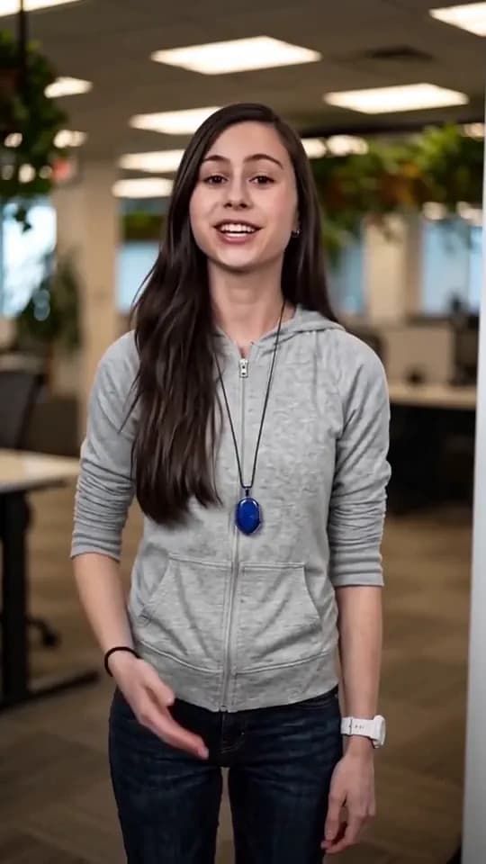 A woman in a grey hoodie speaks to camera in an open office, framed for a phone.
