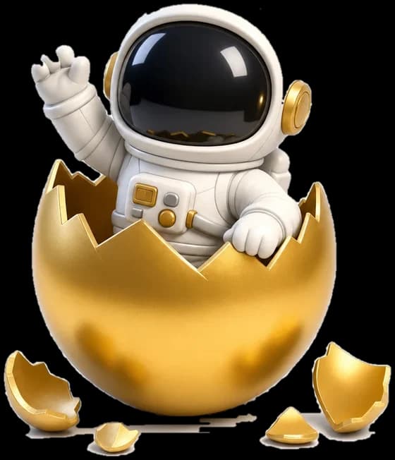 A toy astronaut in a cracked gold egg, cut cleanly away from its background.
