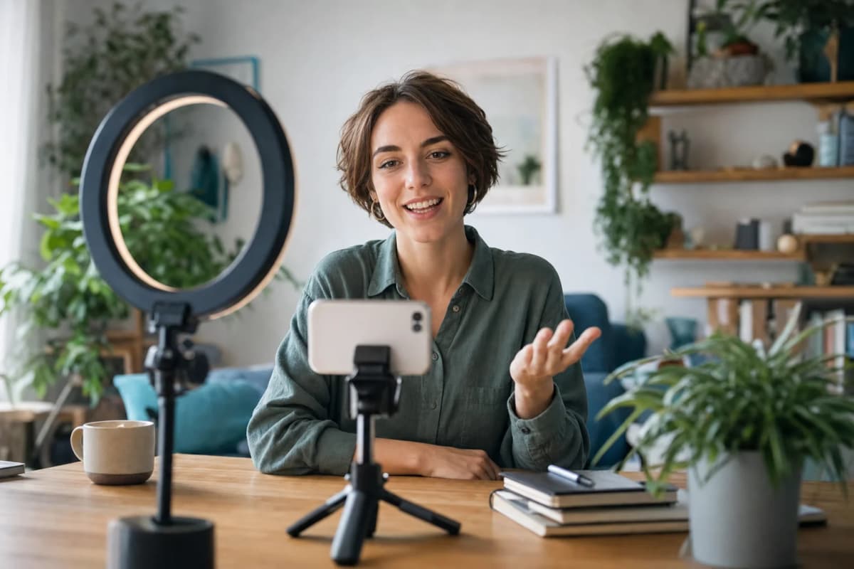 A creator films herself on a phone mounted on a tripod, lit by a ring light.