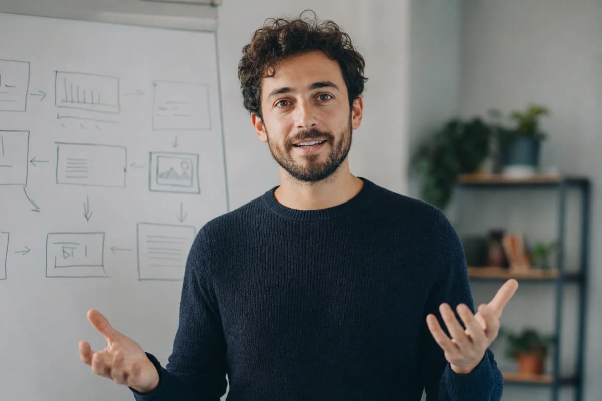 An instructor teaches beside a whiteboard carrying his course outline.