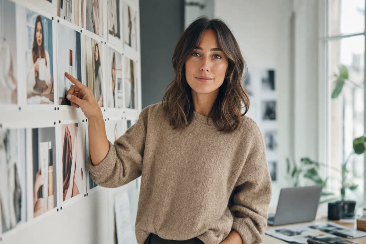 A woman points at a wall of printed ad variants pinned above her desk.