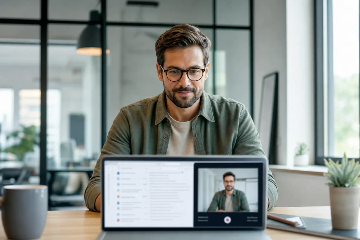 A man at a laptop reviews the short personal video message he is about to send.