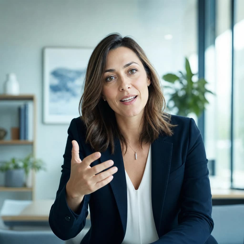 A woman in a navy blazer explains something to camera in a bright office.