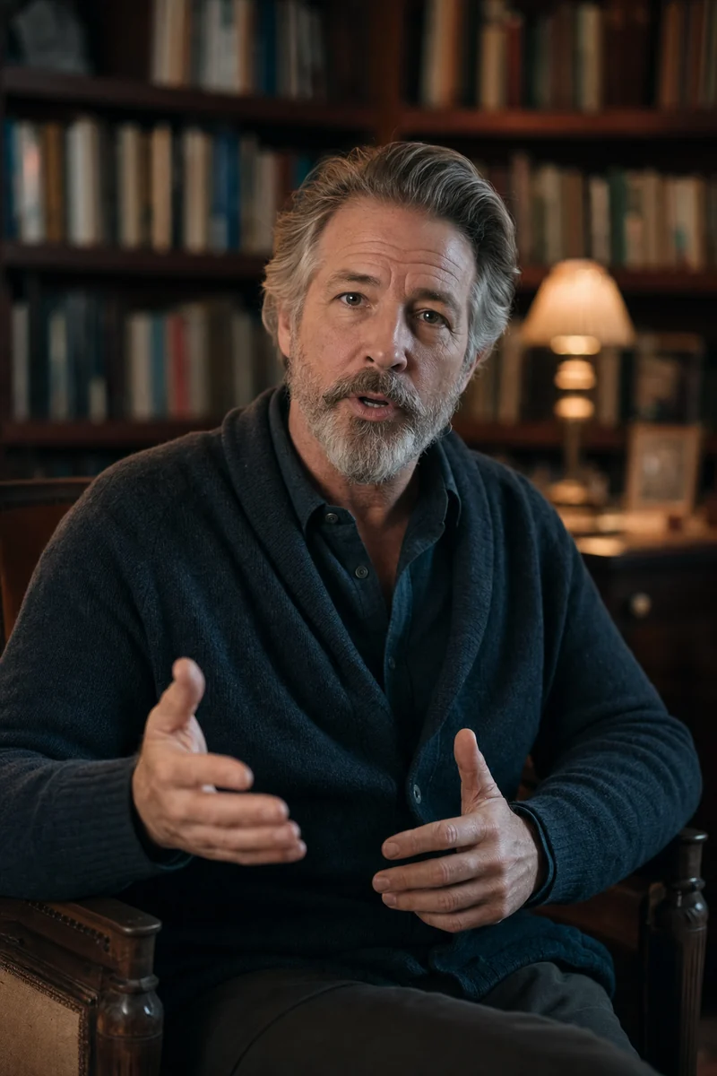 A man with a grey beard turns and speaks, brought into motion from one photograph.