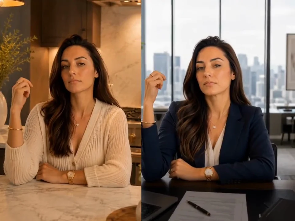 The same presenter side by side in two outfits, one saved look beside another.