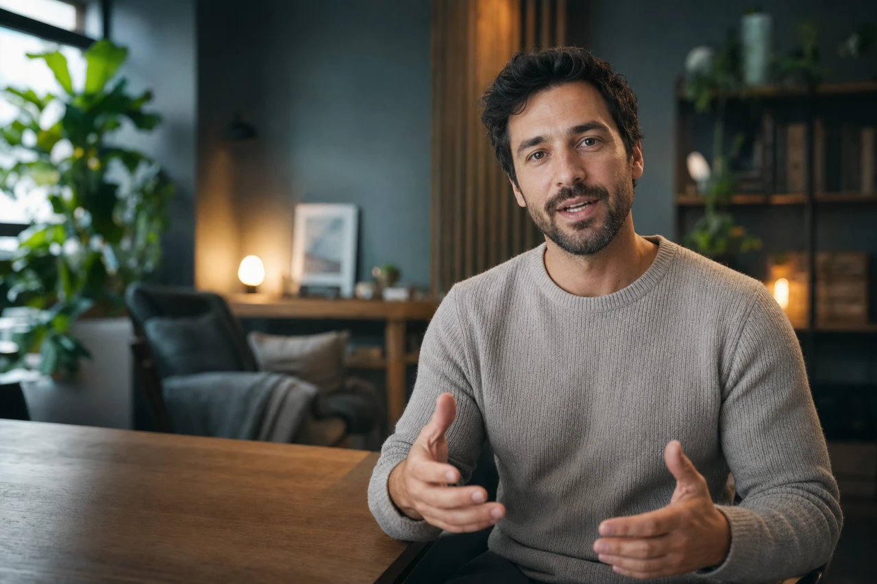 A man in a grey sweater speaks to camera in a lamp-lit living room.