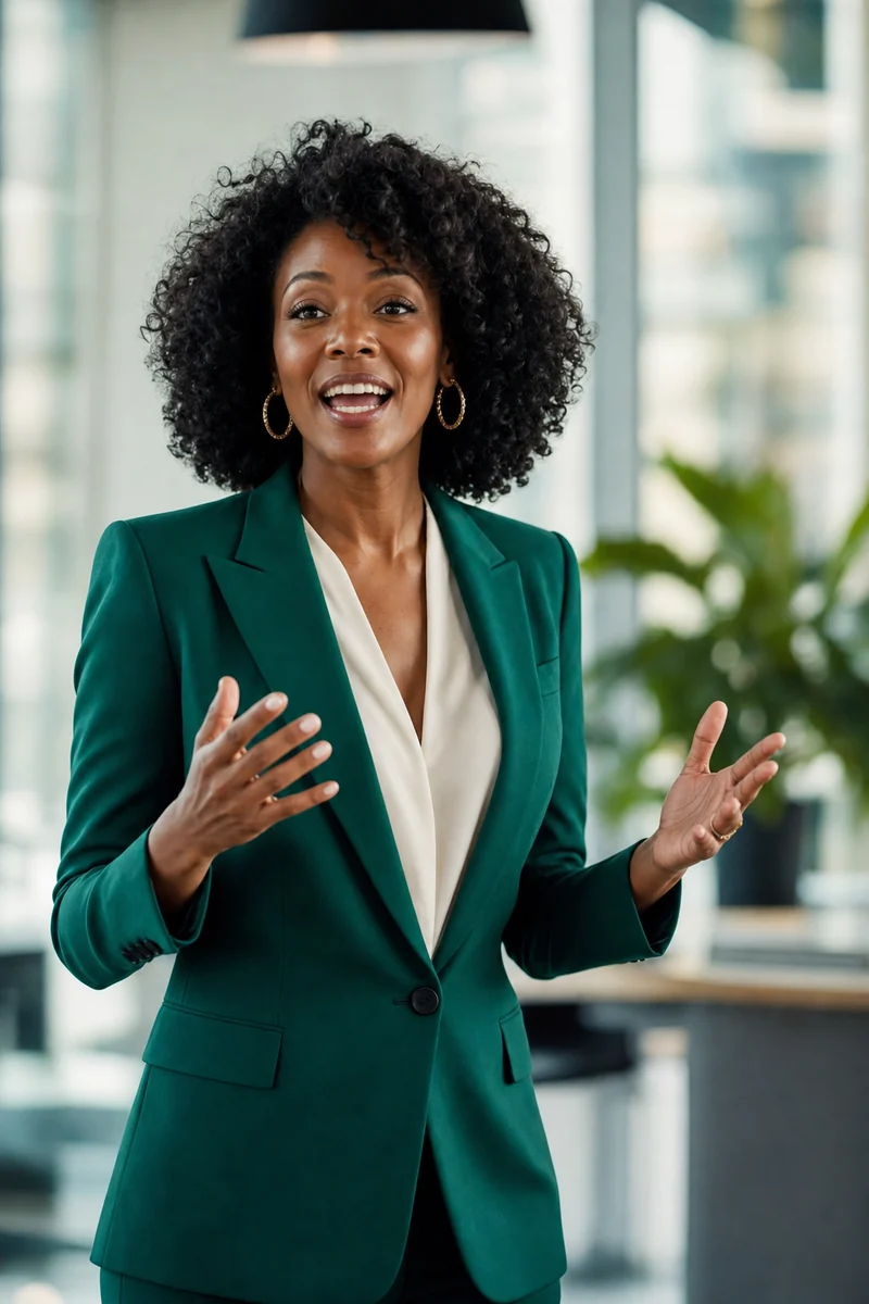 A woman in a green blazer opens her hands to camera while making an announcement.