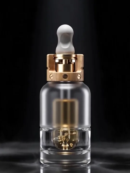 A glass dropper bottle with a gold cap lit against a black backdrop.