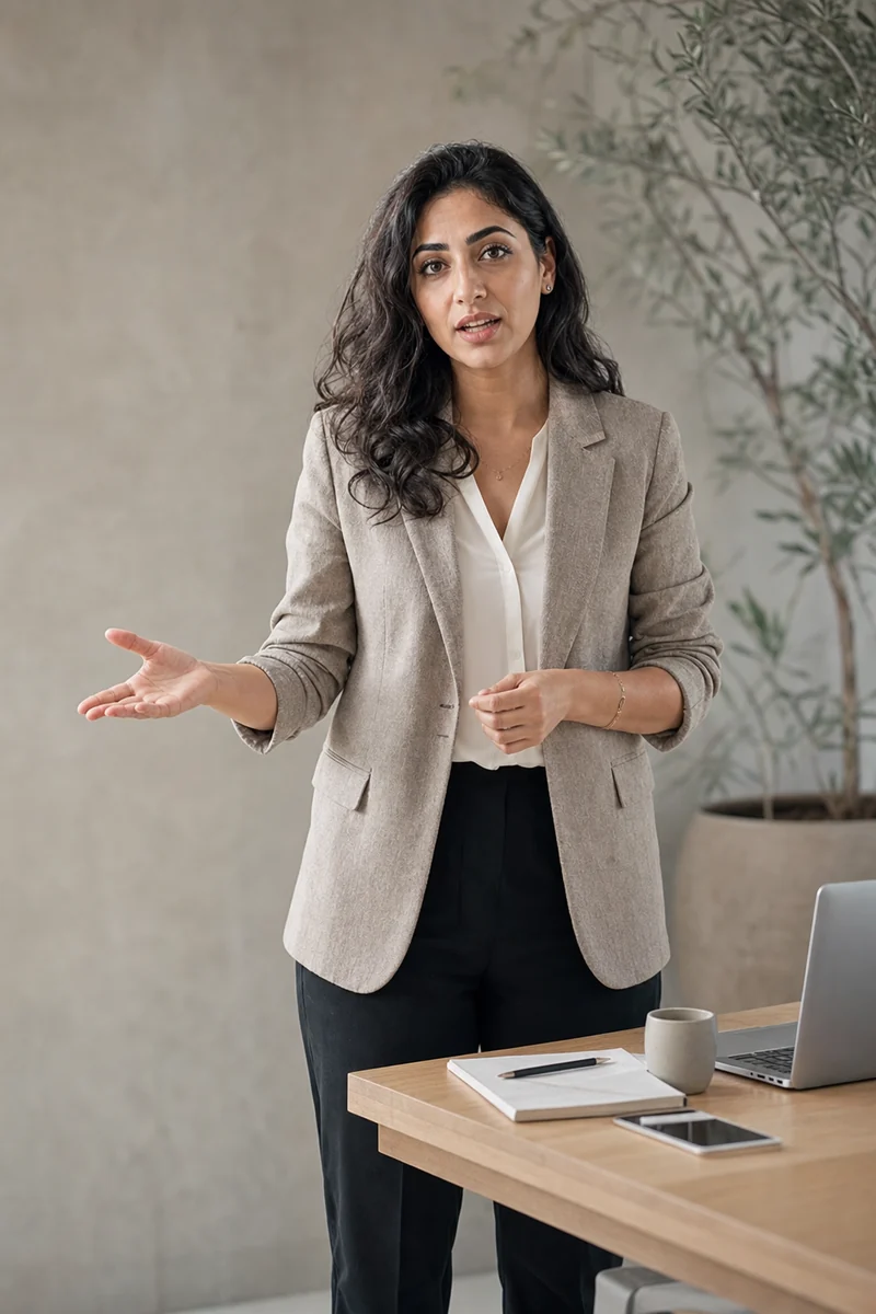 A woman in a linen blazer explains an idea to camera against a plain warm wall.