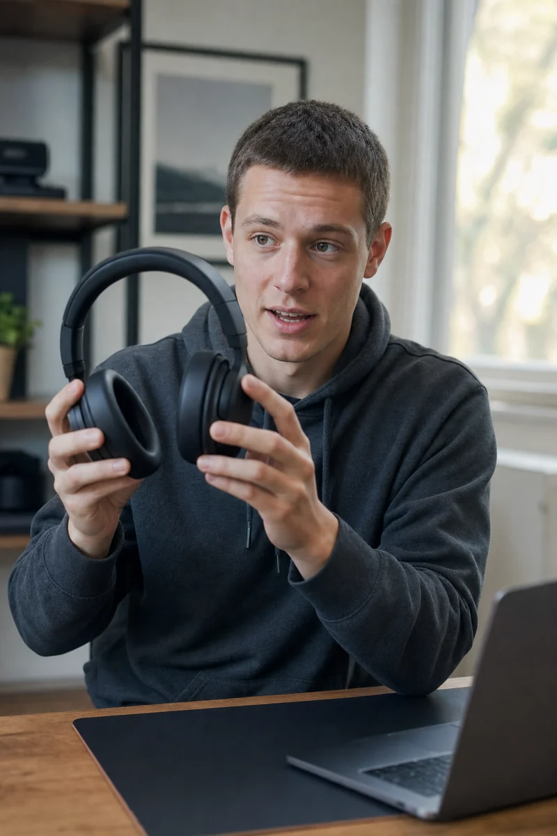 A man holds a pair of over-ear headphones toward camera while talking through them.