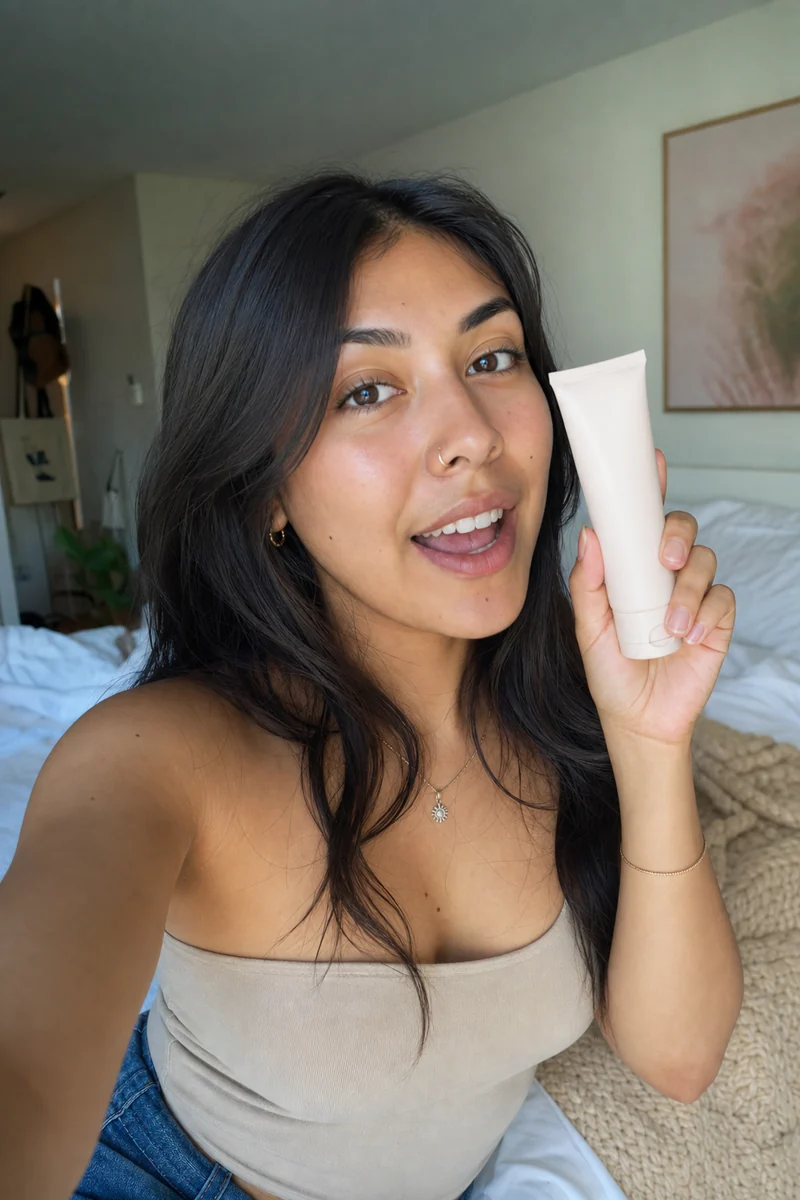 A creator holds a white skincare tube up to her phone camera at home.