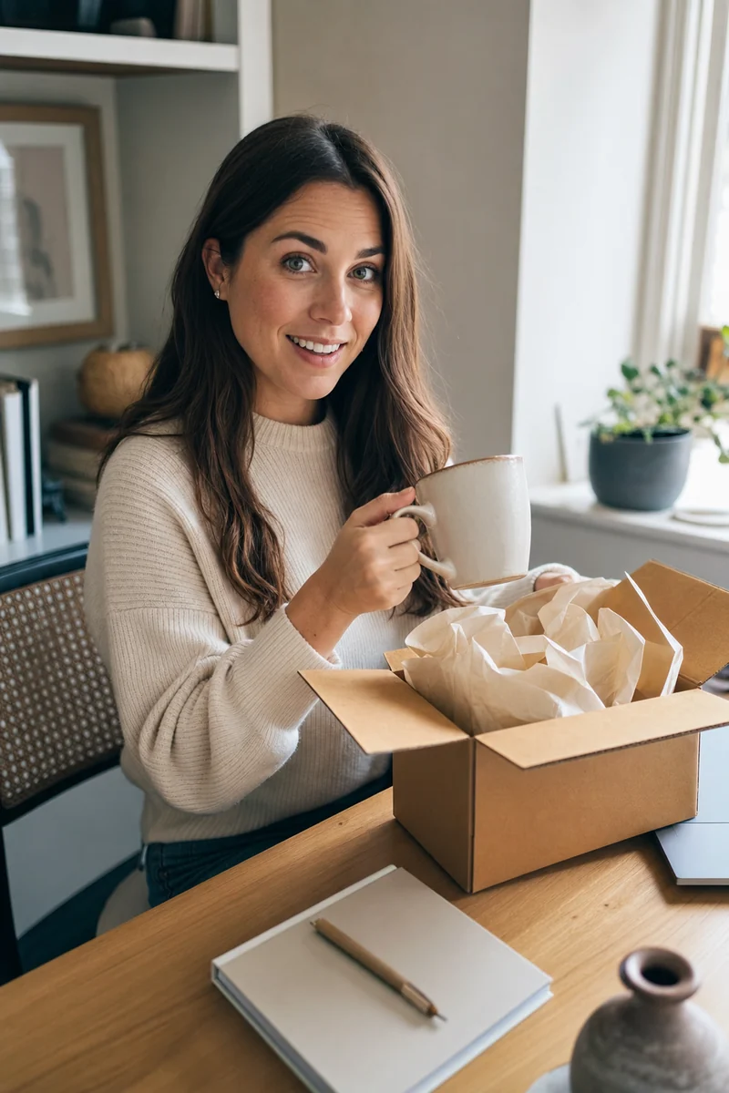 A woman lifts a mug out of a tissue-lined box at her table, mid unboxing.