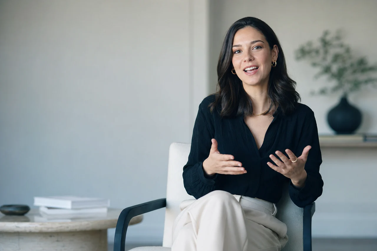 A woman in black speaks to camera from a chair in a bright, plain room.